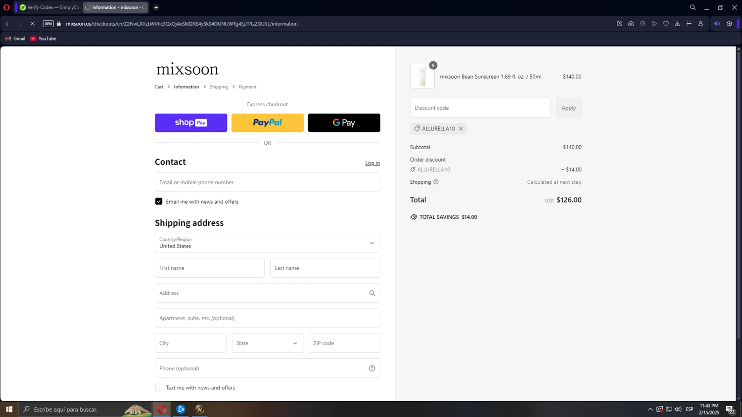 Mixsoon discount code screenshot showing code ALLURELLA10 applied at Mixsoon checkout page. Uploaded by SimplyCodes community member Tonikr8 on Feb 16, 2025