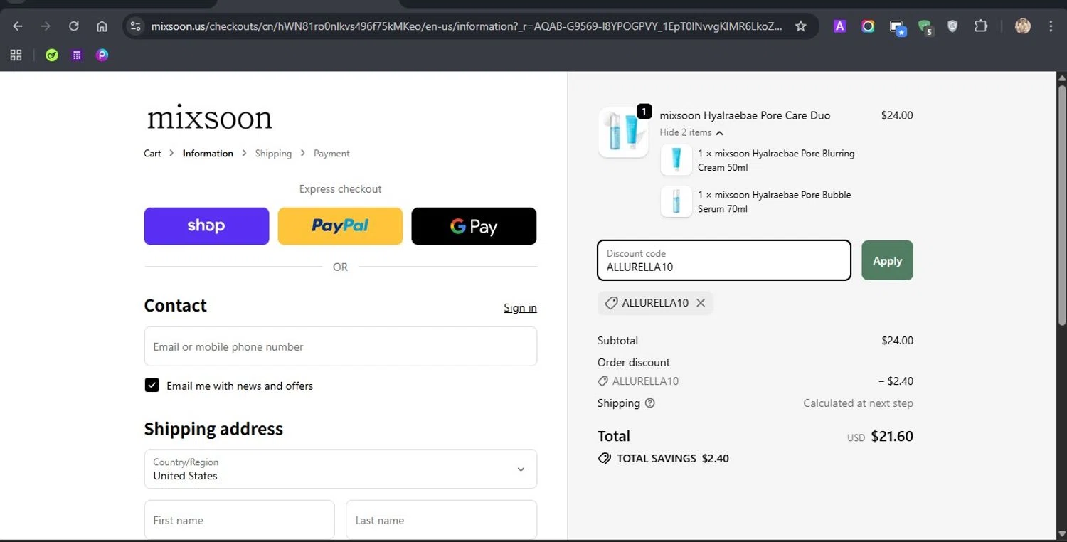 Mixsoon discount code screenshot showing code ALLURELLA10 applied at Mixsoon checkout page. Uploaded by SimplyCodes community member ROCKSORD_2 on Jan 25, 2026