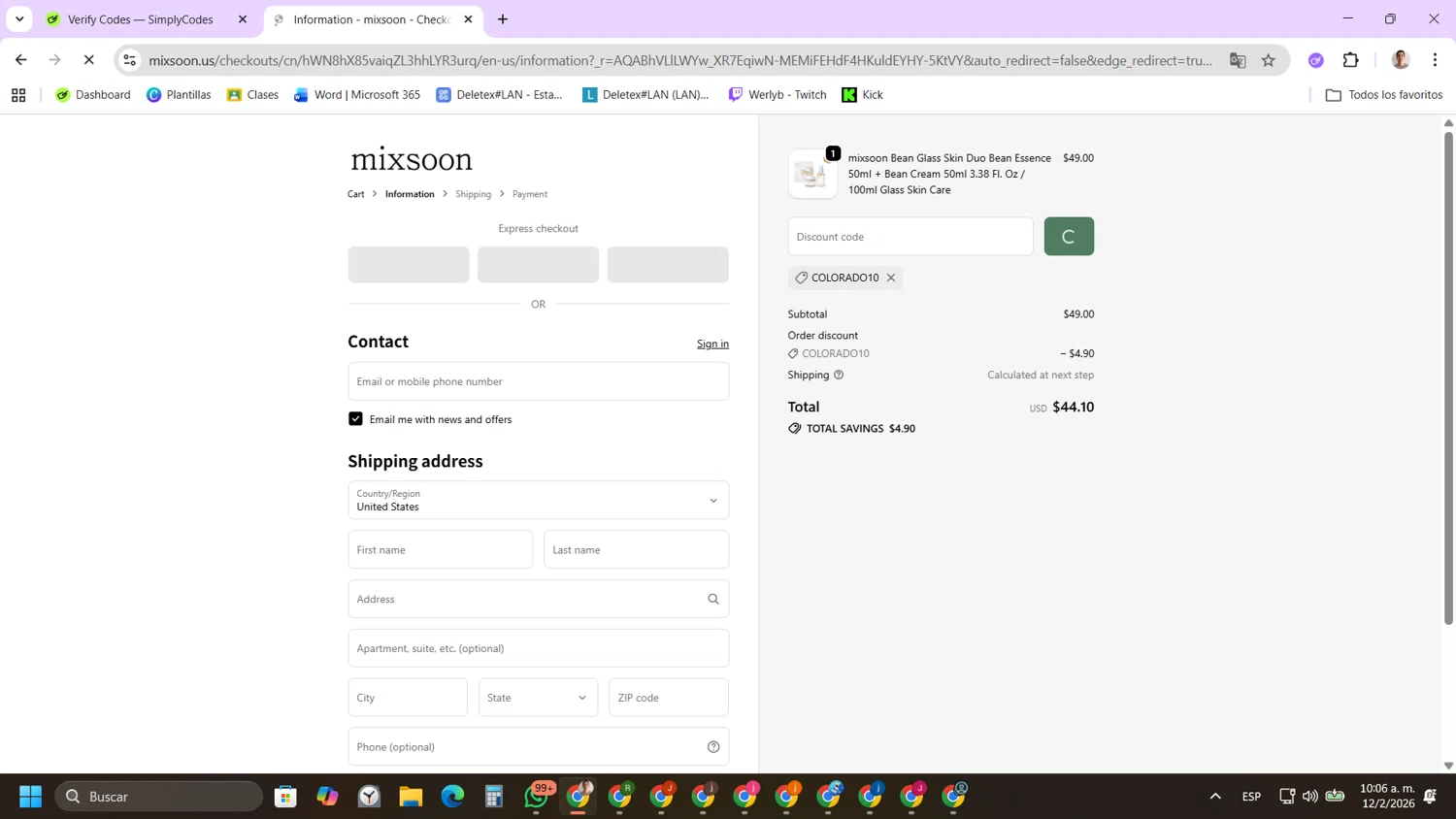 Mixsoon discount code screenshot showing code COLORADO10 applied at Mixsoon checkout page. Uploaded by SimplyCodes community member FernandoLetex on Feb 12, 2026