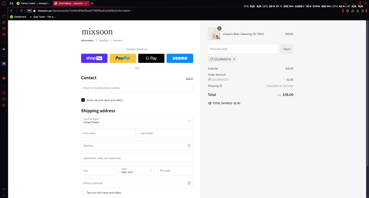 Mixsoon discount code screenshot showing code COLORADO10 applied at Mixsoon checkout page. Uploaded by SimplyCodes community member luissi on Jan 10, 2025