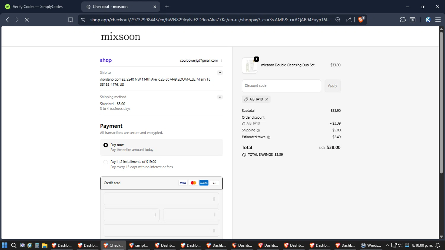 Mixsoon discount code screenshot showing code AISHA10 applied at Mixsoon checkout page. Uploaded by SimplyCodes community member Jgomez on Jan 26, 2026
