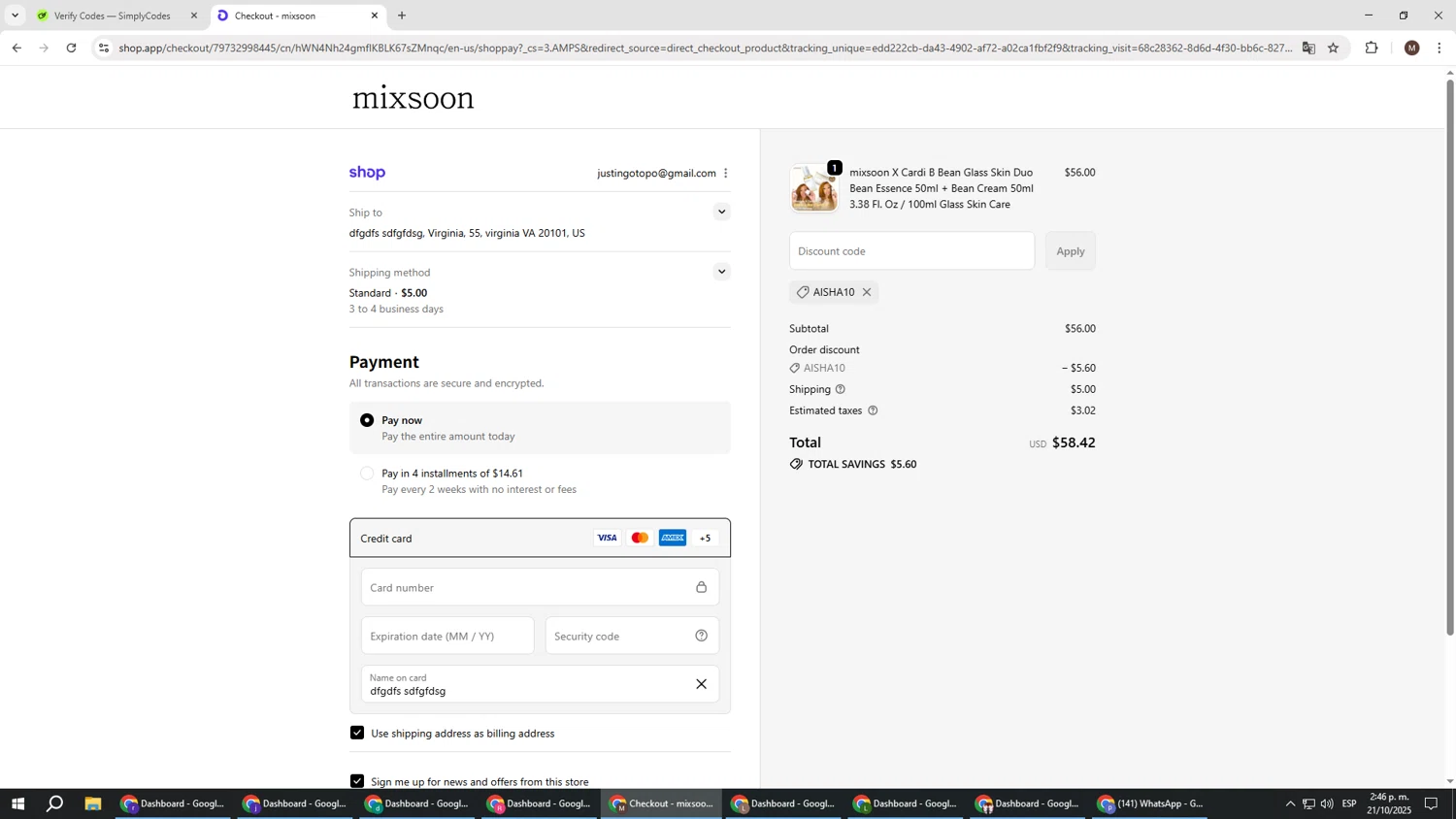 Mixsoon discount code screenshot showing code AISHA10 applied at Mixsoon checkout page. Uploaded by SimplyCodes community member KTMCRF on Oct 21, 2025