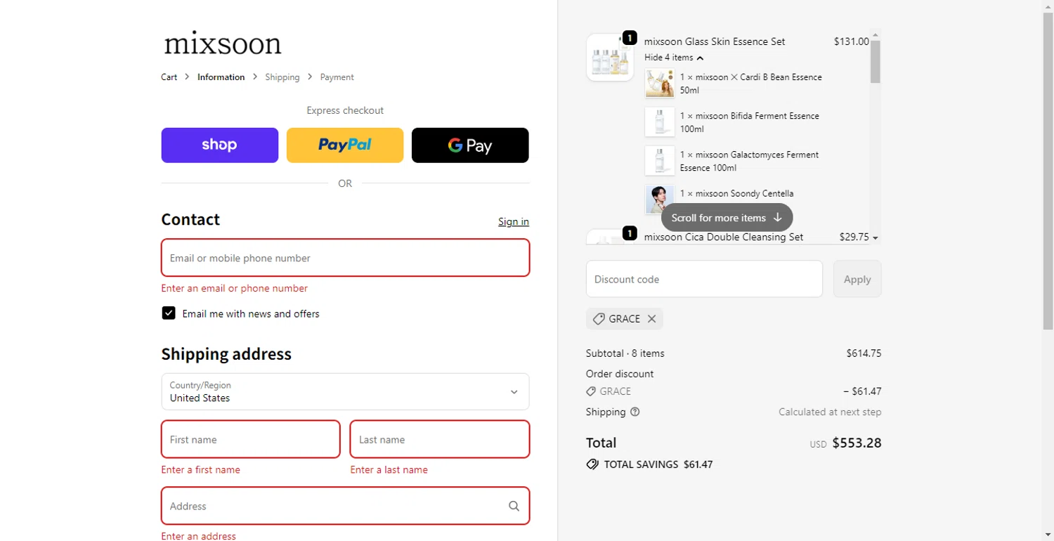 Mixsoon discount code screenshot showing code GRACE applied at Mixsoon checkout page. Uploaded by SimplyCodes community member ShieldLion4225 on Oct 21, 2025
