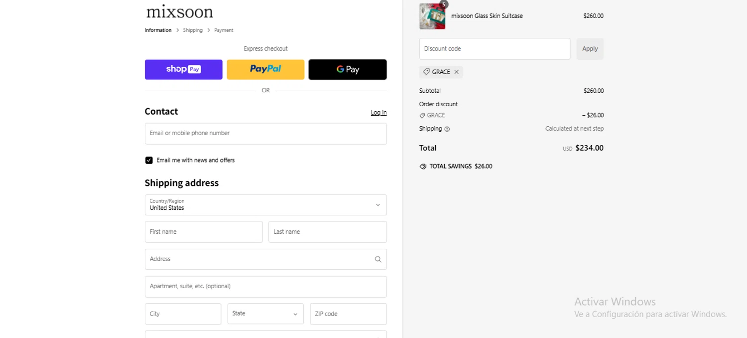 Mixsoon discount code screenshot showing code GRACE applied at Mixsoon checkout page. Uploaded by SimplyCodes community member larenacida on Jan 24, 2025