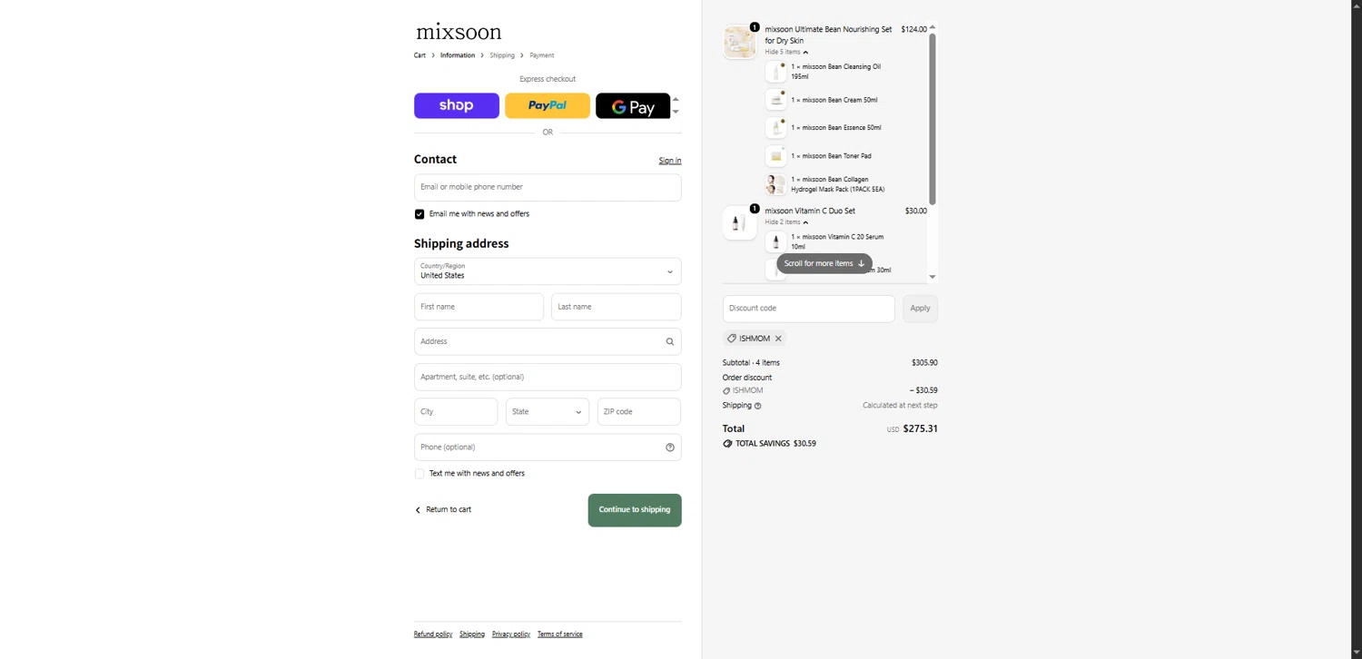Mixsoon checkout page showing Mixsoon discount code box | Screenshot taken by SimplyCodes community member on Feb 16, 2026