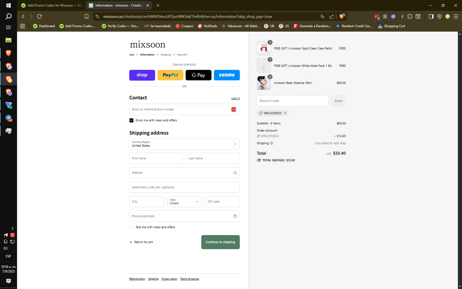 Mixsoon discount code screenshot showing code WELCOME20 applied at Mixsoon checkout page. Uploaded by SimplyCodes community member HiddenPulse7619 on Sep 7, 2025