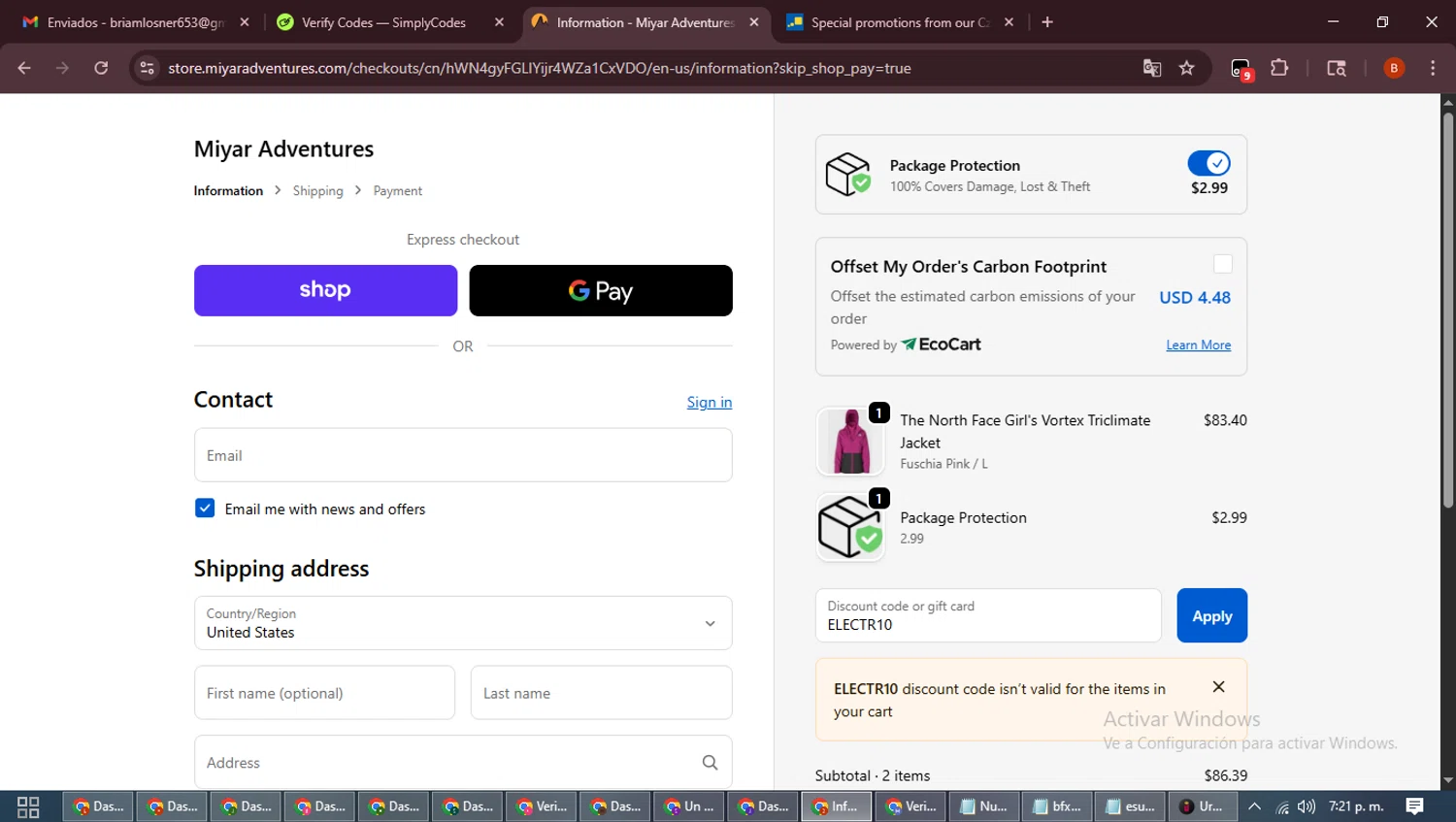 Miyar Adventures discount code screenshot showing code ELECTR10 applied at Miyar Adventures checkout page. Uploaded by SimplyCodes community member DiscountExpert6435 on Oct 29, 2025