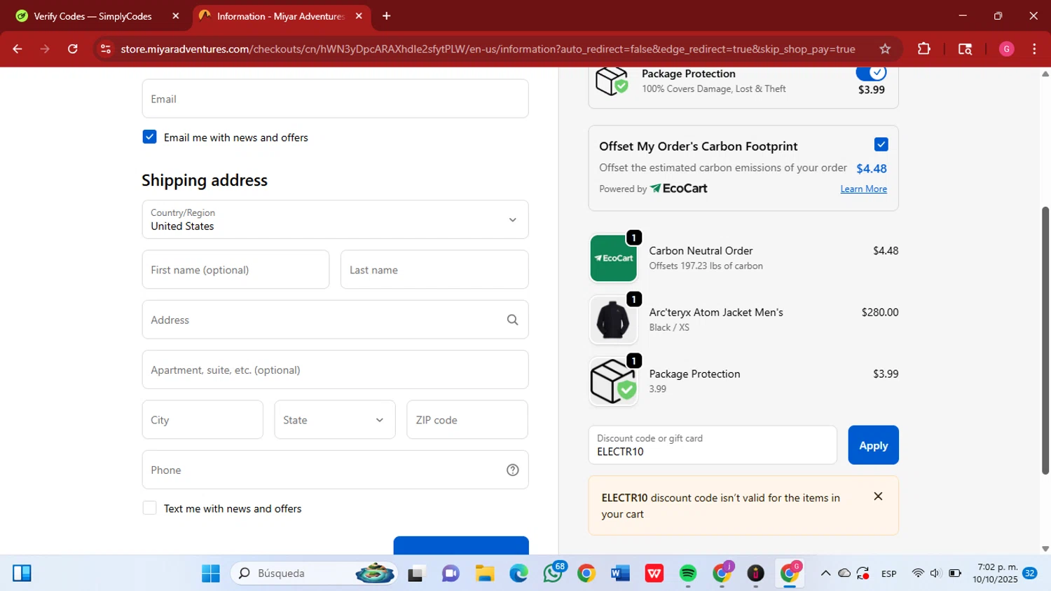 Miyar Adventures discount code screenshot showing code ELECTR10 applied at Miyar Adventures checkout page. Uploaded by SimplyCodes community member GGGilbert on Oct 10, 2025