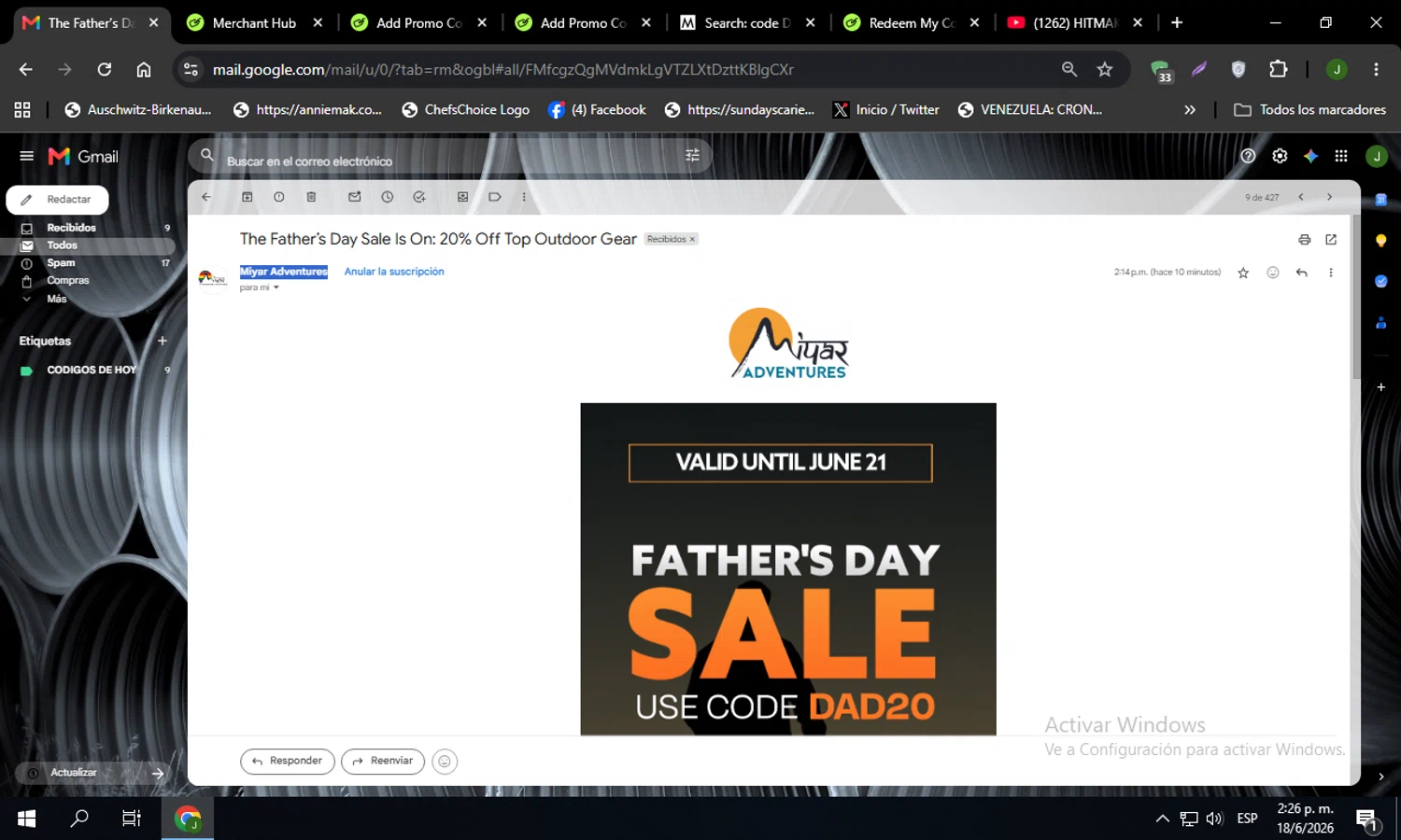 Miyar Adventures promo code screenshot showing code DAD20 applied at Miyar Adventures checkout page. Uploaded by SimplyCodes community member Codehunter on Jun 18, 2026