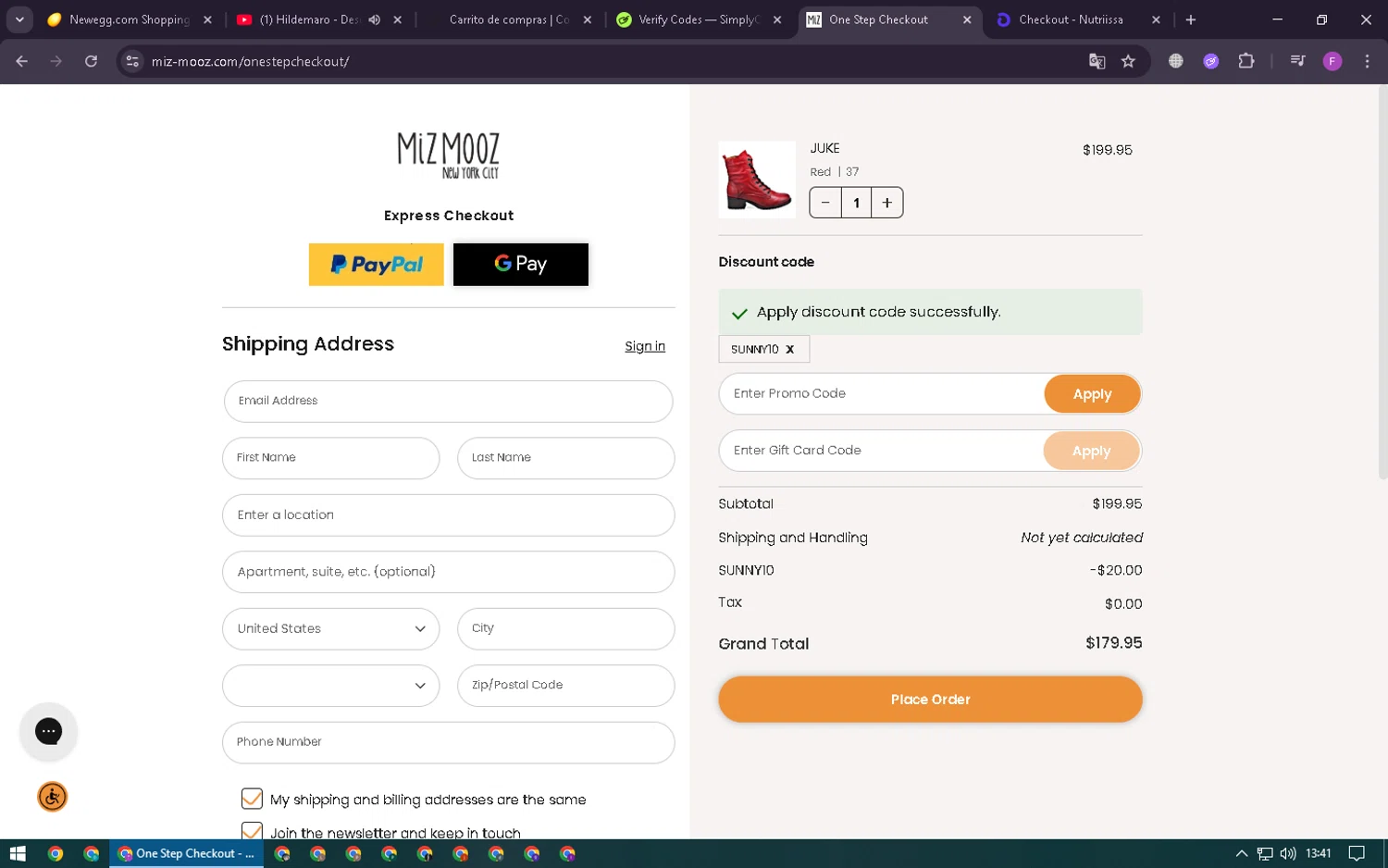 Miz Mooz coupon code screenshot showing code sunny10 applied at Miz Mooz checkout page. Uploaded by SimplyCodes community member CleverSpotter6431 on Oct 12, 2025