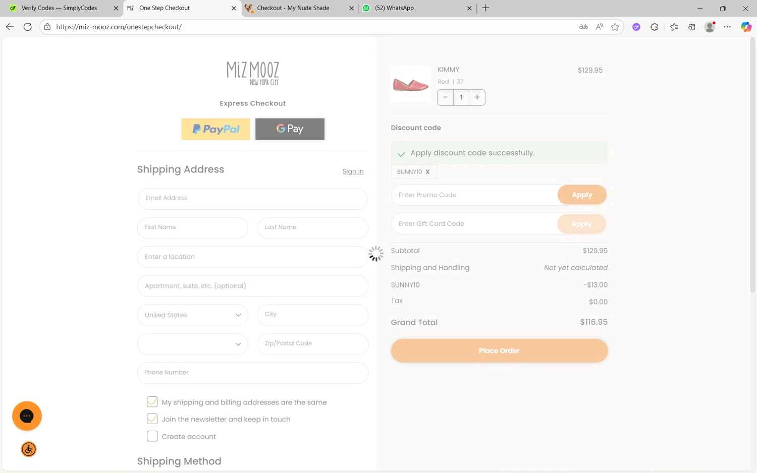 Miz Mooz coupon code screenshot showing code sunny10 applied at Miz Mooz checkout page. Uploaded by SimplyCodes community member juanx1702 on Oct 1, 2025