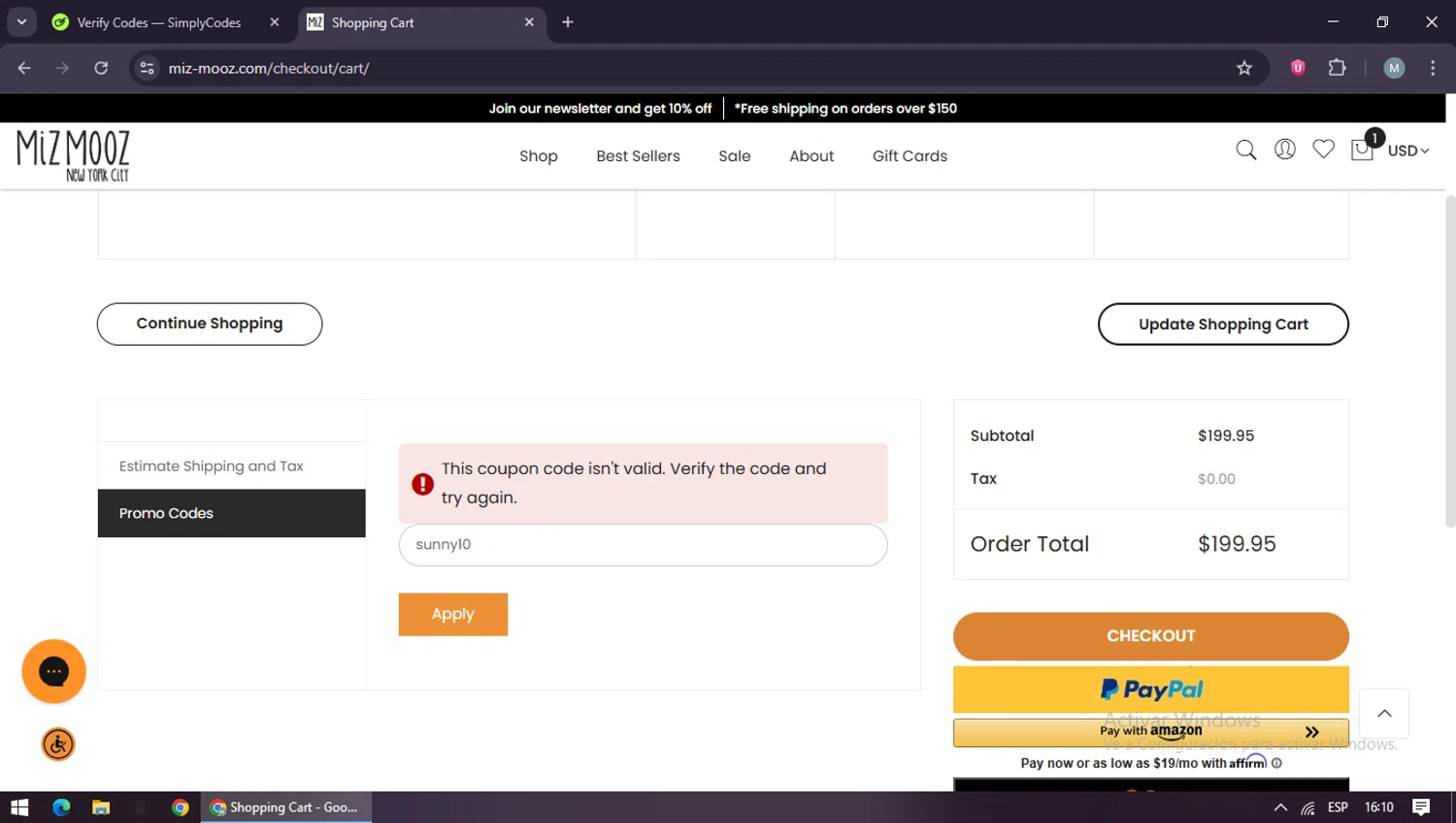 Miz Mooz coupon code screenshot showing code sunny10 applied at Miz Mooz checkout page. Uploaded by SimplyCodes community member maraxo on Nov 3, 2025