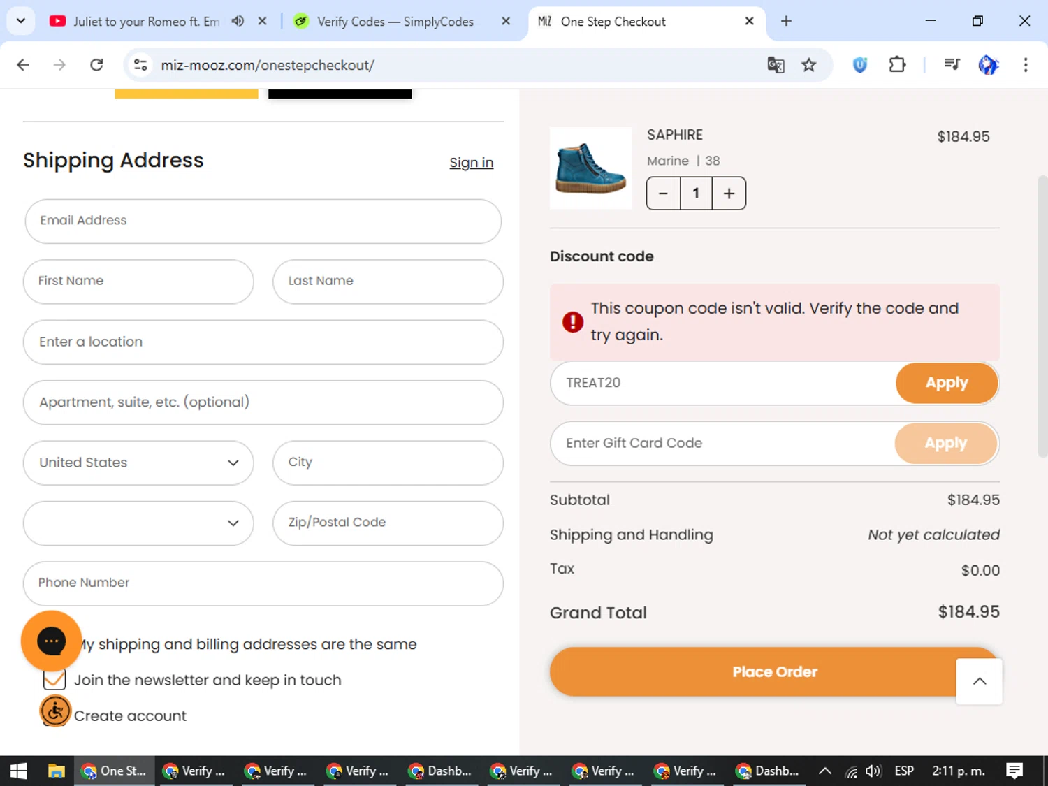 Miz Mooz coupon code screenshot showing code TREAT20 applied at Miz Mooz checkout page. Uploaded by SimplyCodes community member WiseHunter8213 on Oct 28, 2025