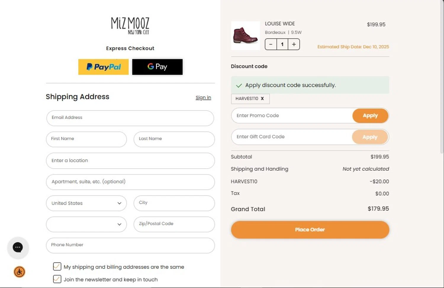 Miz Mooz coupon code screenshot showing code HARVEST10 applied at Miz Mooz checkout page. Uploaded by SimplyCodes community member RebatePilot8693 on Nov 27, 2025