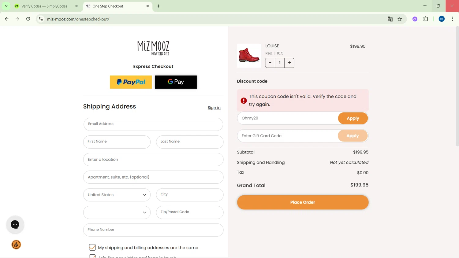 Miz Mooz coupon code screenshot showing code Ohmy20 applied at Miz Mooz checkout page. Uploaded by SimplyCodes community member GloriousSpotter8024 on Dec 6, 2025