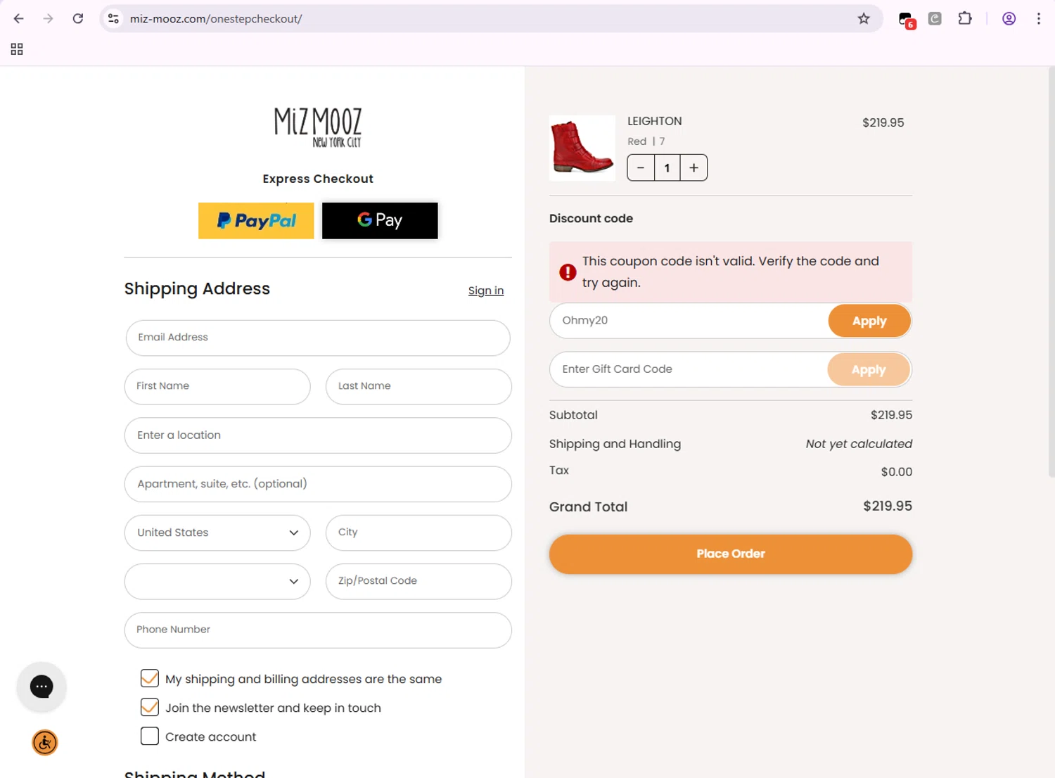 Miz Mooz coupon code screenshot showing code Ohmy20 applied at Miz Mooz checkout page. Uploaded by SimplyCodes community member SmartPilot7926 on Dec 6, 2025