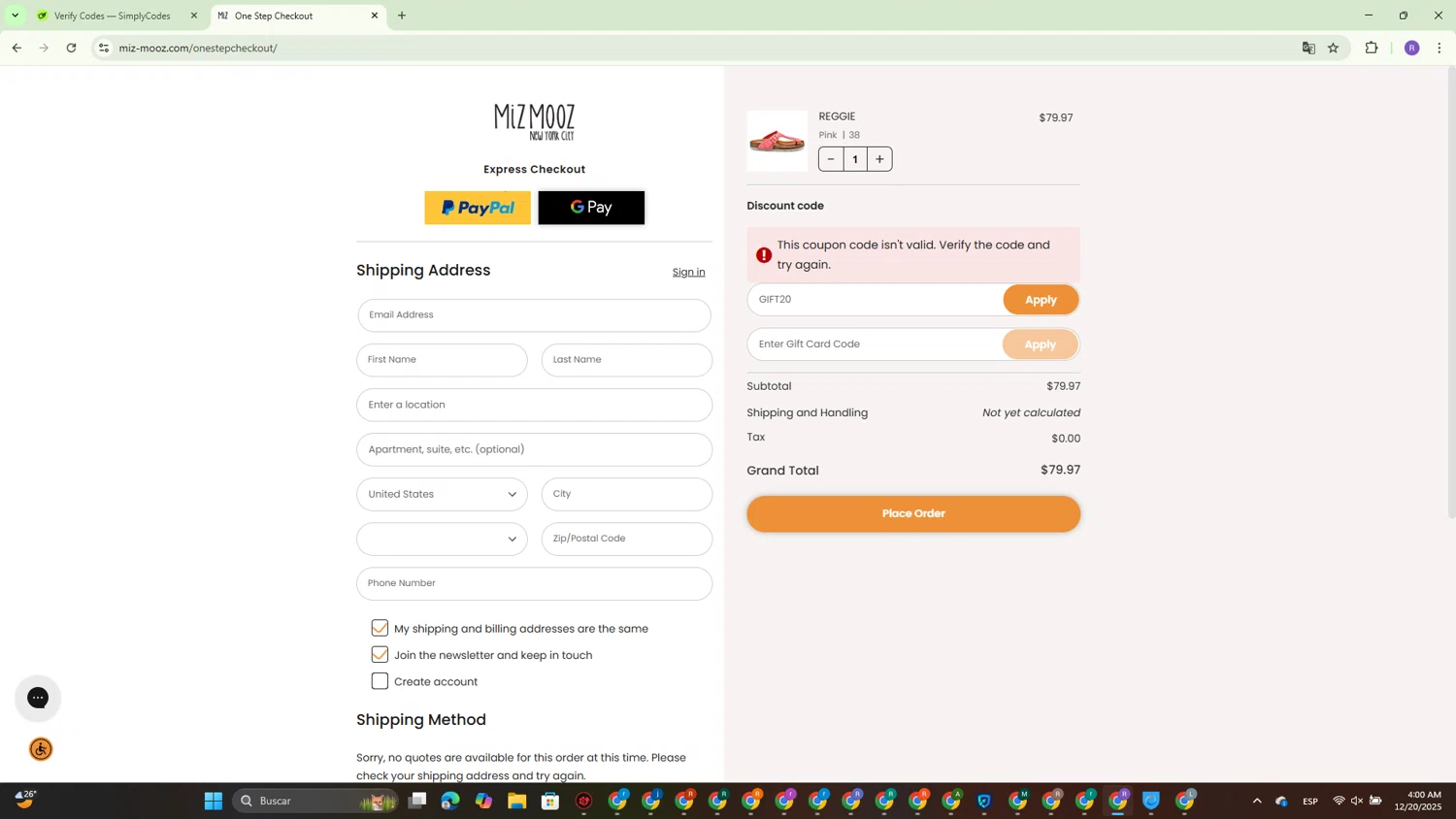 Miz Mooz coupon code screenshot showing code GIFT20 applied at Miz Mooz checkout page. Uploaded by SimplyCodes community member CouponBoss4754 on Dec 20, 2025