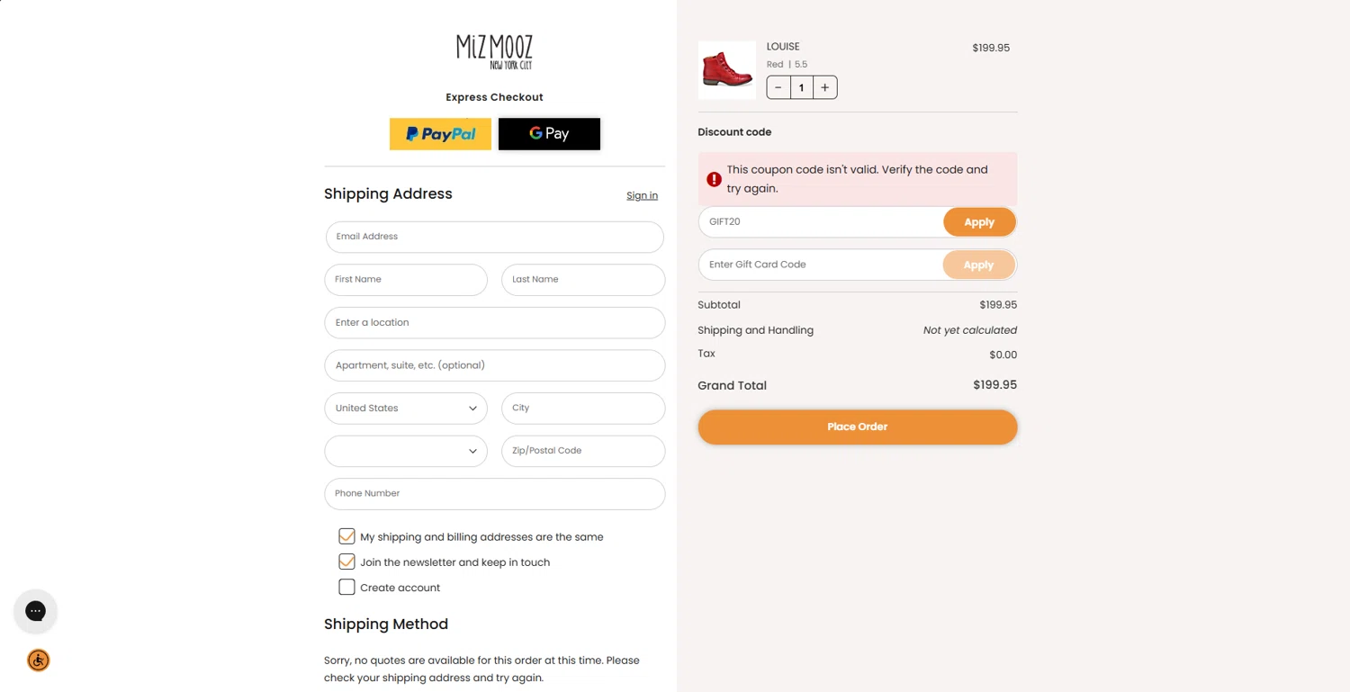 Miz Mooz coupon code screenshot showing code GIFT20 applied at Miz Mooz checkout page. Uploaded by SimplyCodes community member STEVE20 on Dec 20, 2025