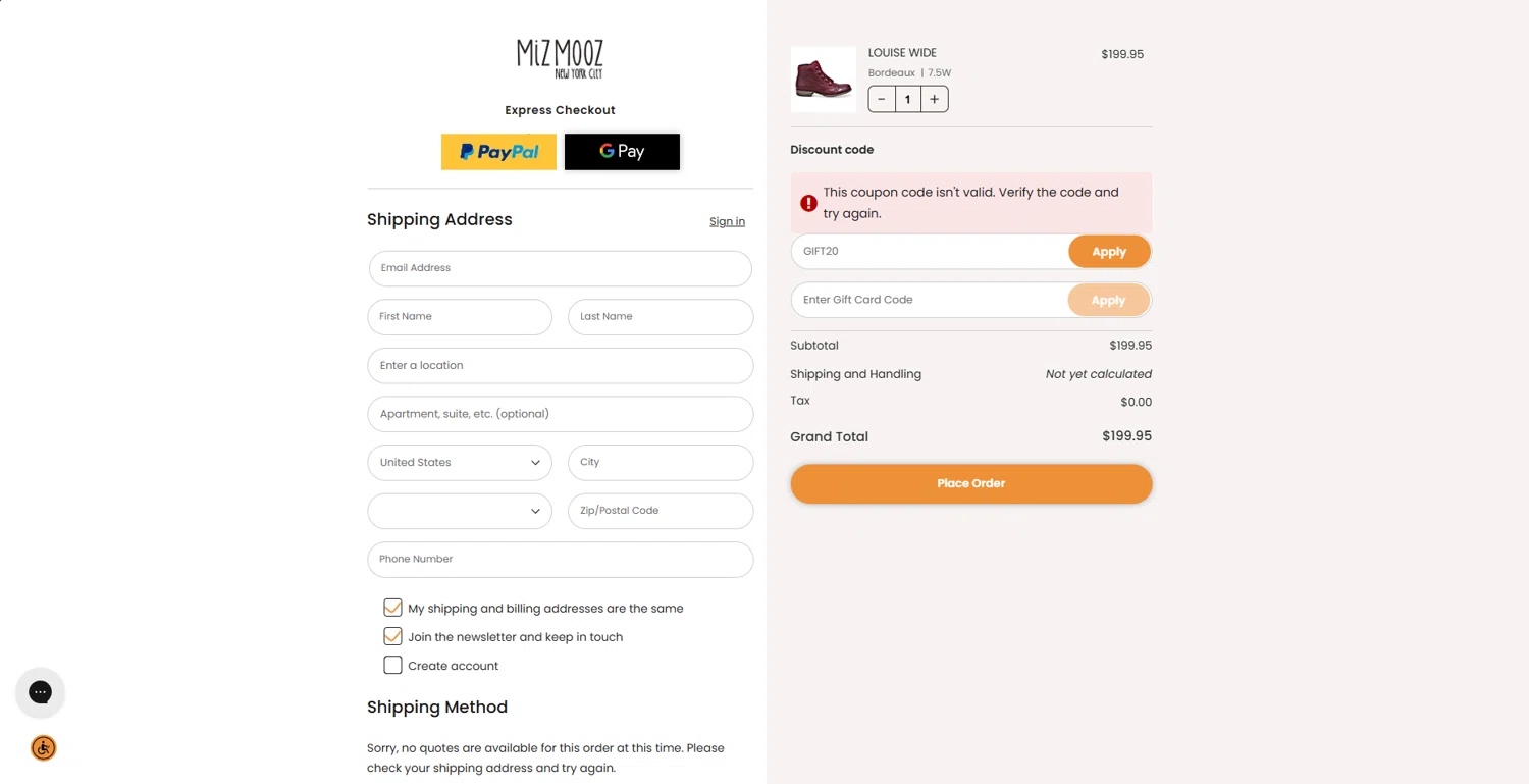 Miz Mooz coupon code screenshot showing code GIFT20 applied at Miz Mooz checkout page. Uploaded by SimplyCodes community member holasfosi on Dec 20, 2025