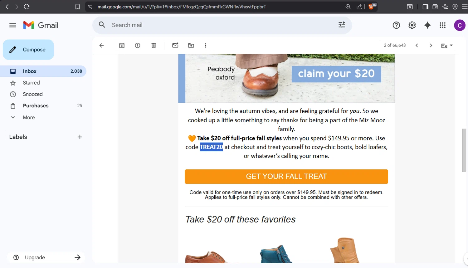 Miz Mooz coupon code screenshot showing code TREAT20 applied at Miz Mooz checkout page. Uploaded by SimplyCodes community member crischidy25 on Oct 17, 2025