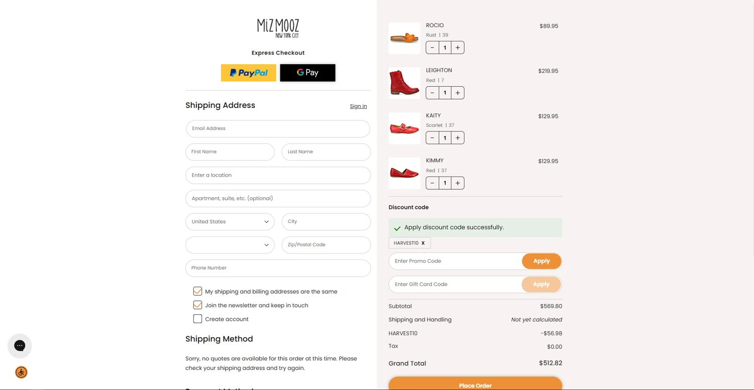 Miz Mooz coupon code screenshot showing code HARVEST10 applied at Miz Mooz checkout page. Uploaded by SimplyCodes community member vctr7w7x on Nov 4, 2025