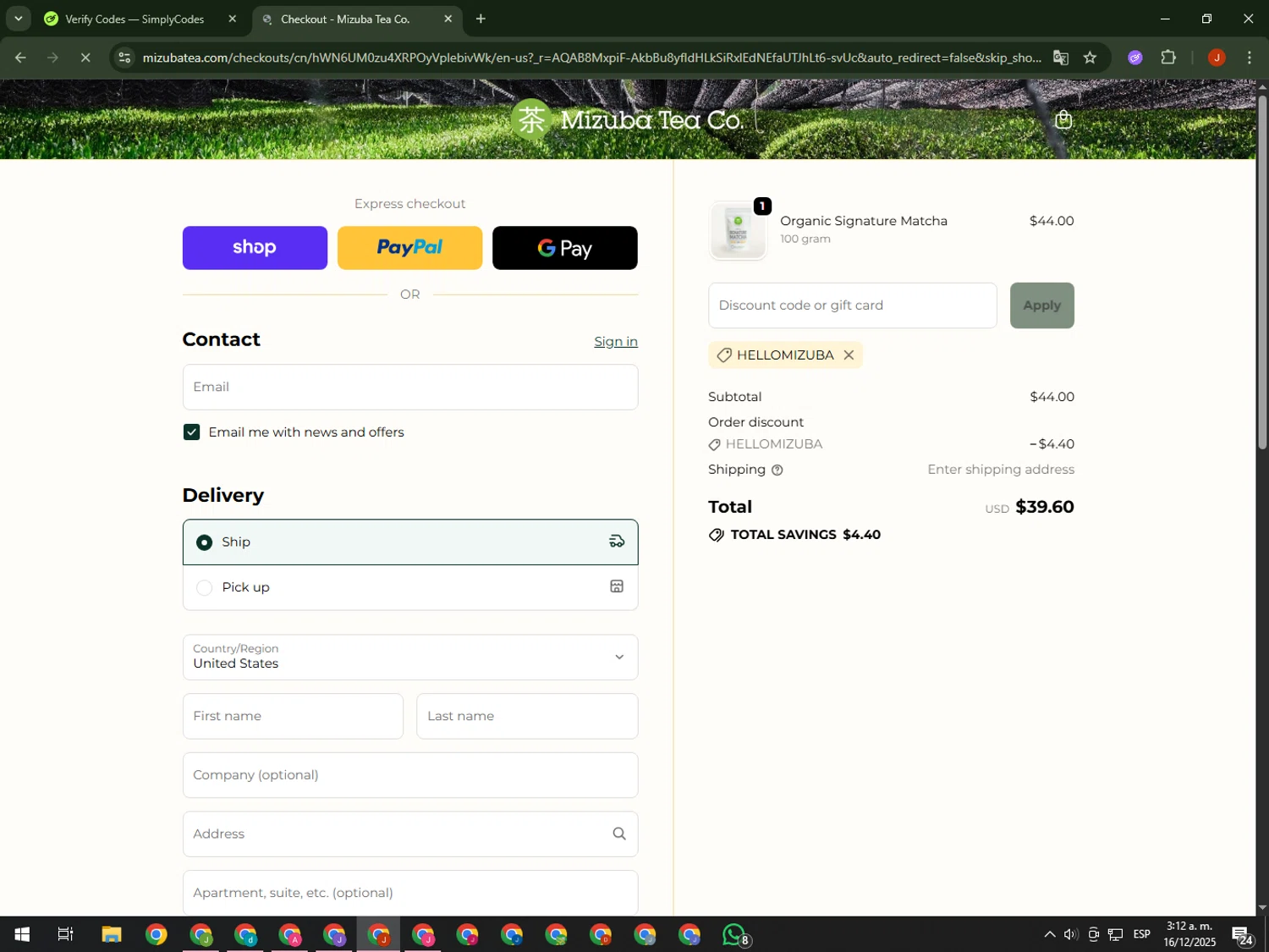 Mizuba Tea discount code screenshot showing code HelloMizuba applied at Mizuba Tea checkout page. Uploaded by SimplyCodes community member KimDokja on Dec 16, 2025