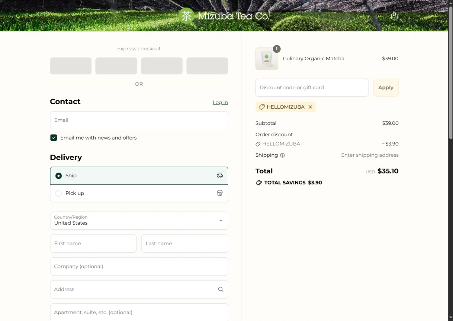 Mizuba Tea discount code screenshot showing code HelloMizuba applied at Mizuba Tea checkout page. Uploaded by SimplyCodes community member SwiftTracker8156 on Sep 8, 2025