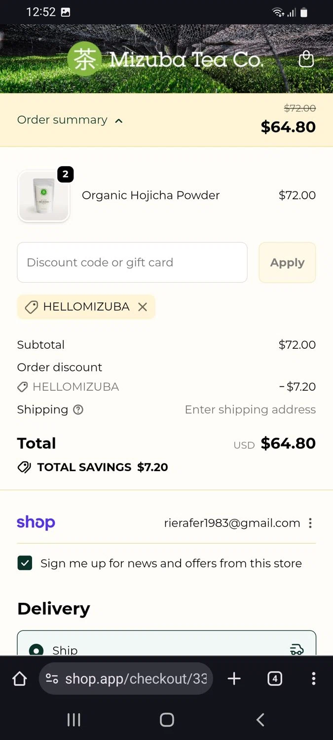 Mizuba Tea discount code screenshot showing code HelloMizuba applied at Mizuba Tea checkout page. Uploaded by SimplyCodes community member tulioriera on Oct 10, 2025