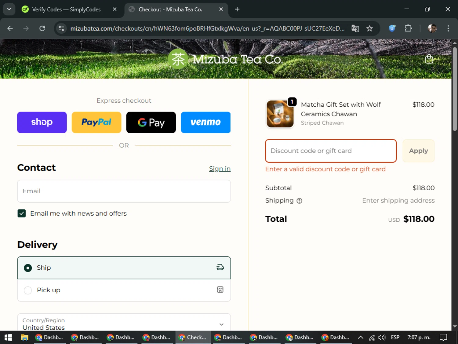 Mizuba Tea discount code screenshot showing code FREESHIPMONDAY applied at Mizuba Tea checkout page. Uploaded by SimplyCodes community member DiscountSeeker682 on Dec 4, 2025