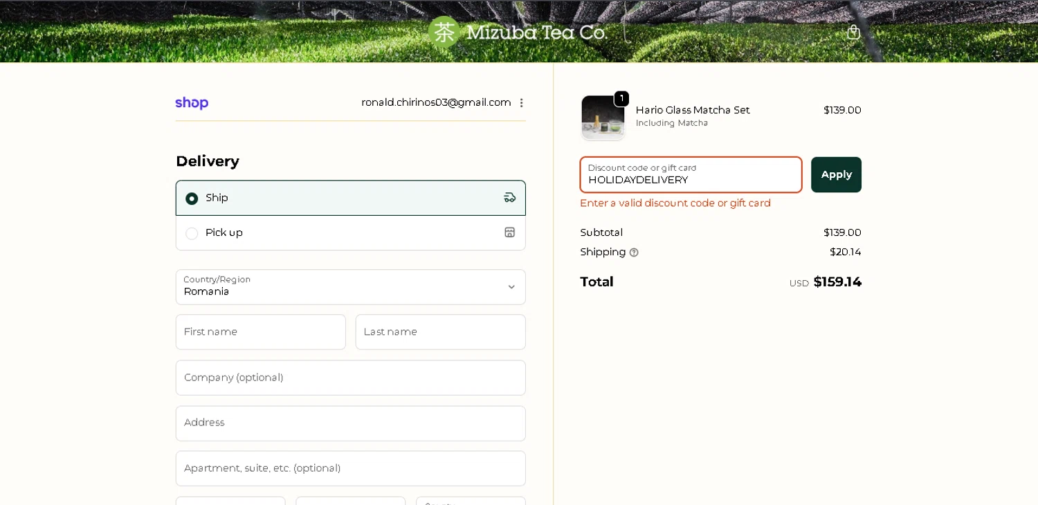 Mizuba Tea discount code screenshot showing code HOLIDAYDELIVERY applied at Mizuba Tea checkout page. Uploaded by SimplyCodes community member DiscountHero6246 on Dec 16, 2025