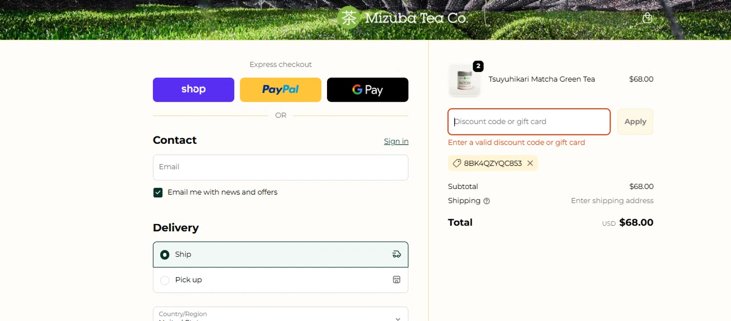 Mizuba Tea discount code screenshot showing code 8BK4QZYQC853 applied at Mizuba Tea checkout page. Uploaded by SimplyCodes community member ashe1986 on Nov 3, 2025