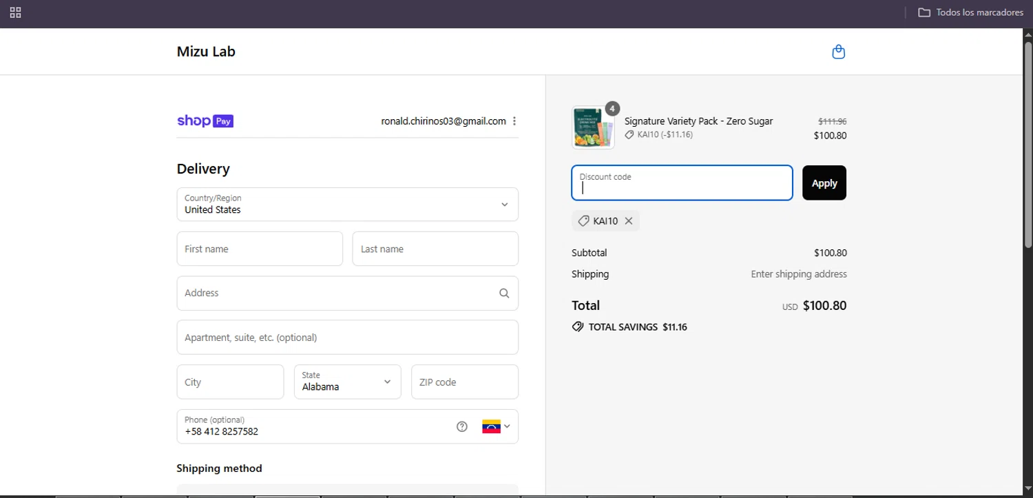 Mizu Lab discount code screenshot showing code KAI10 applied at Mizu Lab checkout page. Uploaded by SimplyCodes community member Egni_149037891 on Aug 17, 2025