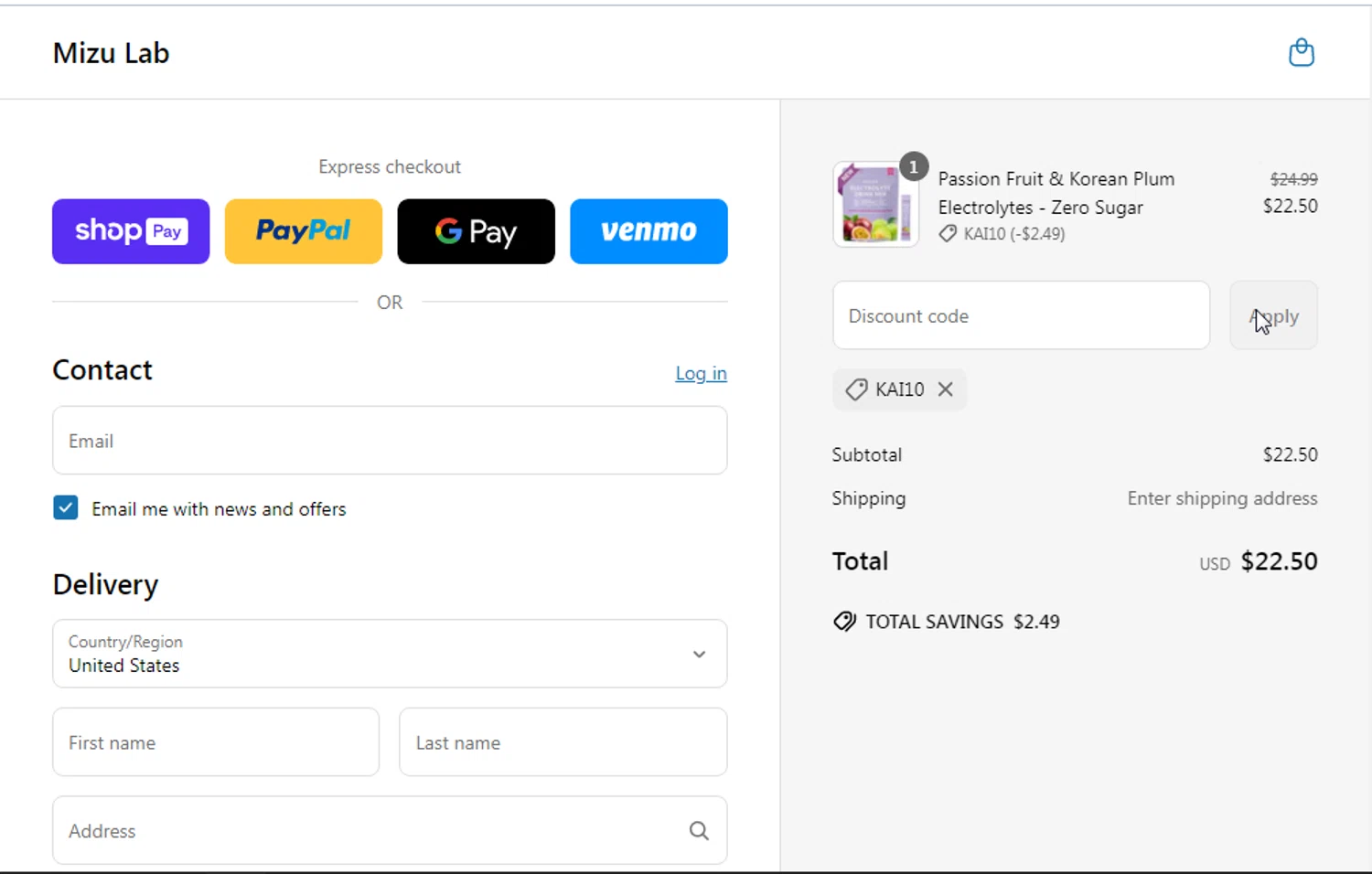 Mizu Lab discount code screenshot showing code KAI10 applied at Mizu Lab checkout page. Uploaded by SimplyCodes community member IFeelGood3 on Jun 11, 2025