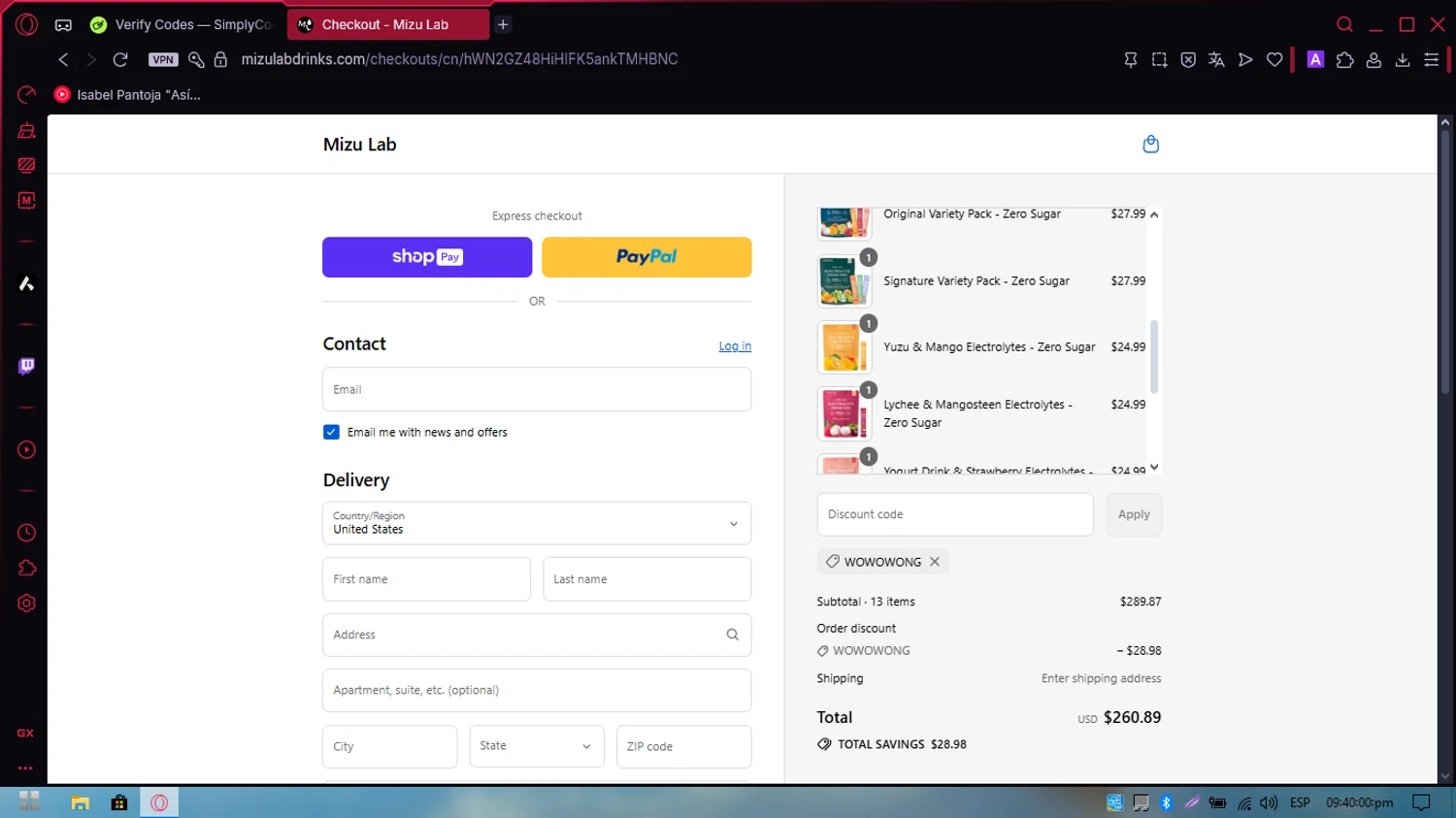 Mizu Lab discount code screenshot showing code WOWOWONG applied at Mizu Lab checkout page. Uploaded by SimplyCodes community member PennySpotter2417 on Aug 27, 2025