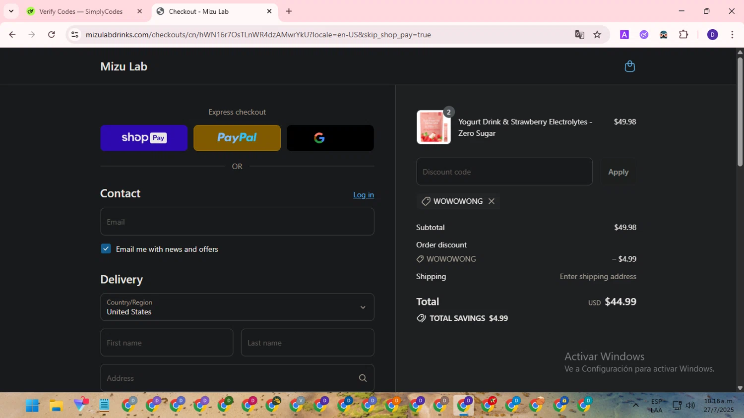 Mizu Lab discount code screenshot showing code WOWOWONG applied at Mizu Lab checkout page. Uploaded by SimplyCodes community member WonderLion2890 on Jul 27, 2025