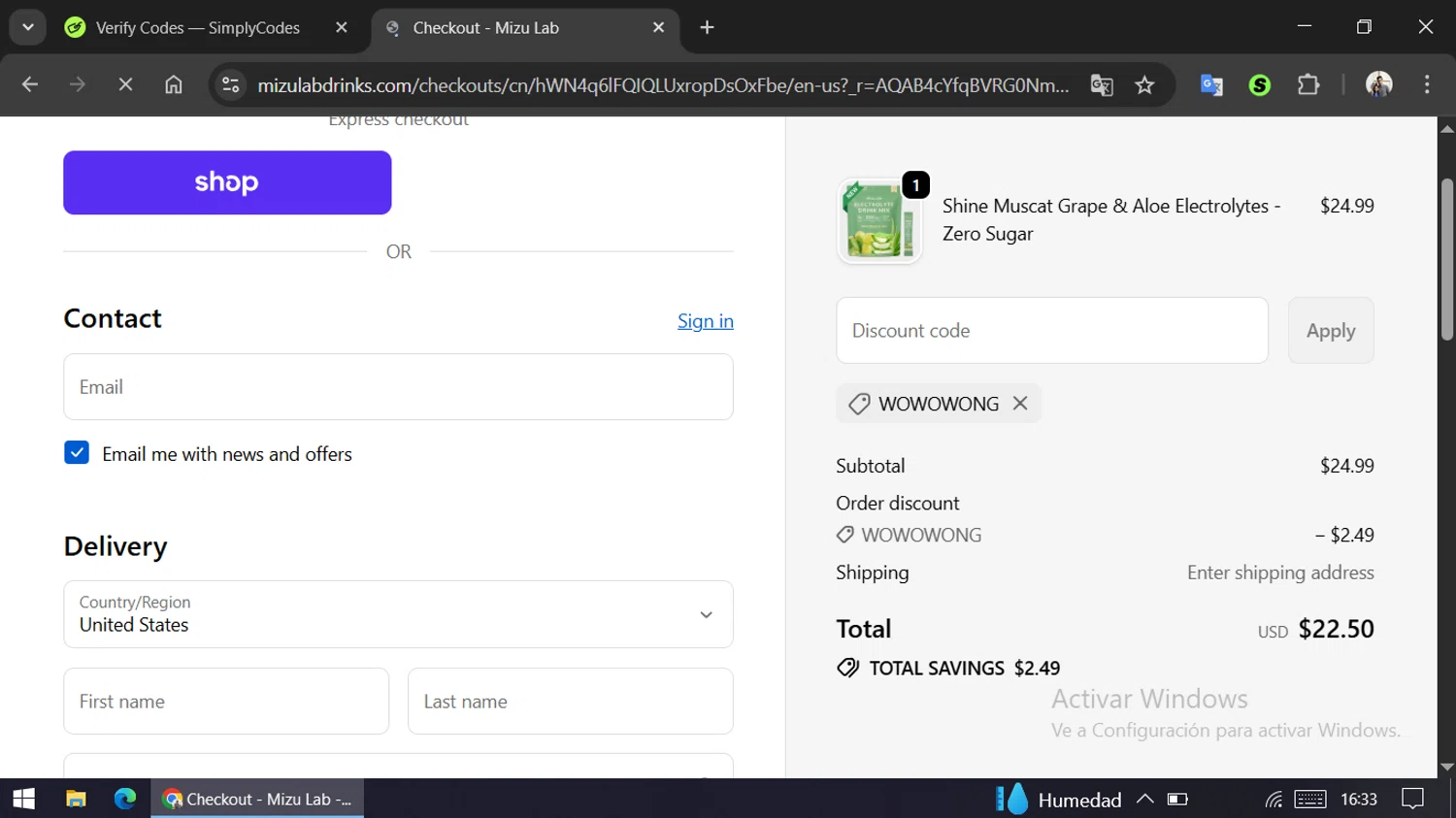 Mizu Lab discount code screenshot showing code WOWOWONG applied at Mizu Lab checkout page. Uploaded by SimplyCodes community member ariannycfh on Nov 2, 2025