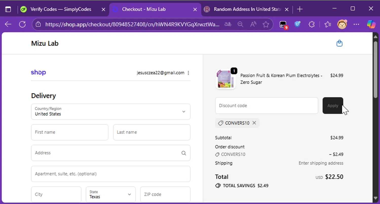 Mizu Lab discount code screenshot showing code CONVERS10 applied at Mizu Lab checkout page. Uploaded by SimplyCodes community member Raibelys_18 on Oct 23, 2025