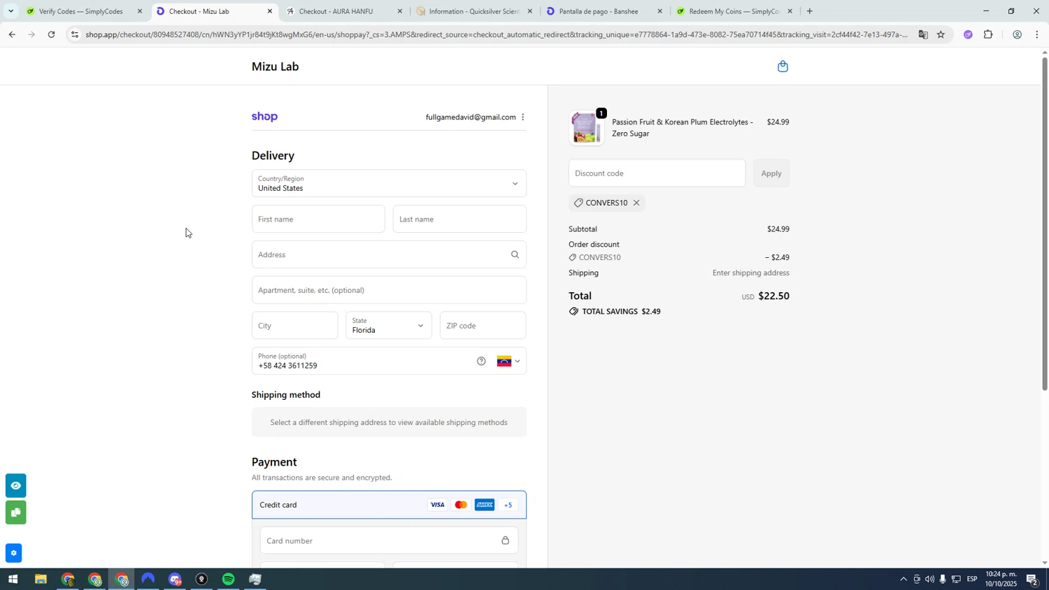 Mizu Lab discount code screenshot showing code CONVERS10 applied at Mizu Lab checkout page. Uploaded by SimplyCodes community member asdasdasd on Oct 11, 2025