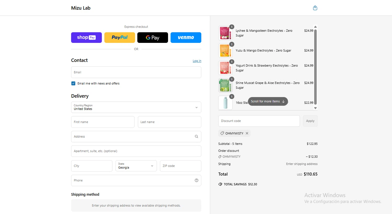 Mizu Lab discount code screenshot showing code OHMYMISTY applied at Mizu Lab checkout page. Uploaded by SimplyCodes community member alexcoleman on May 14, 2025