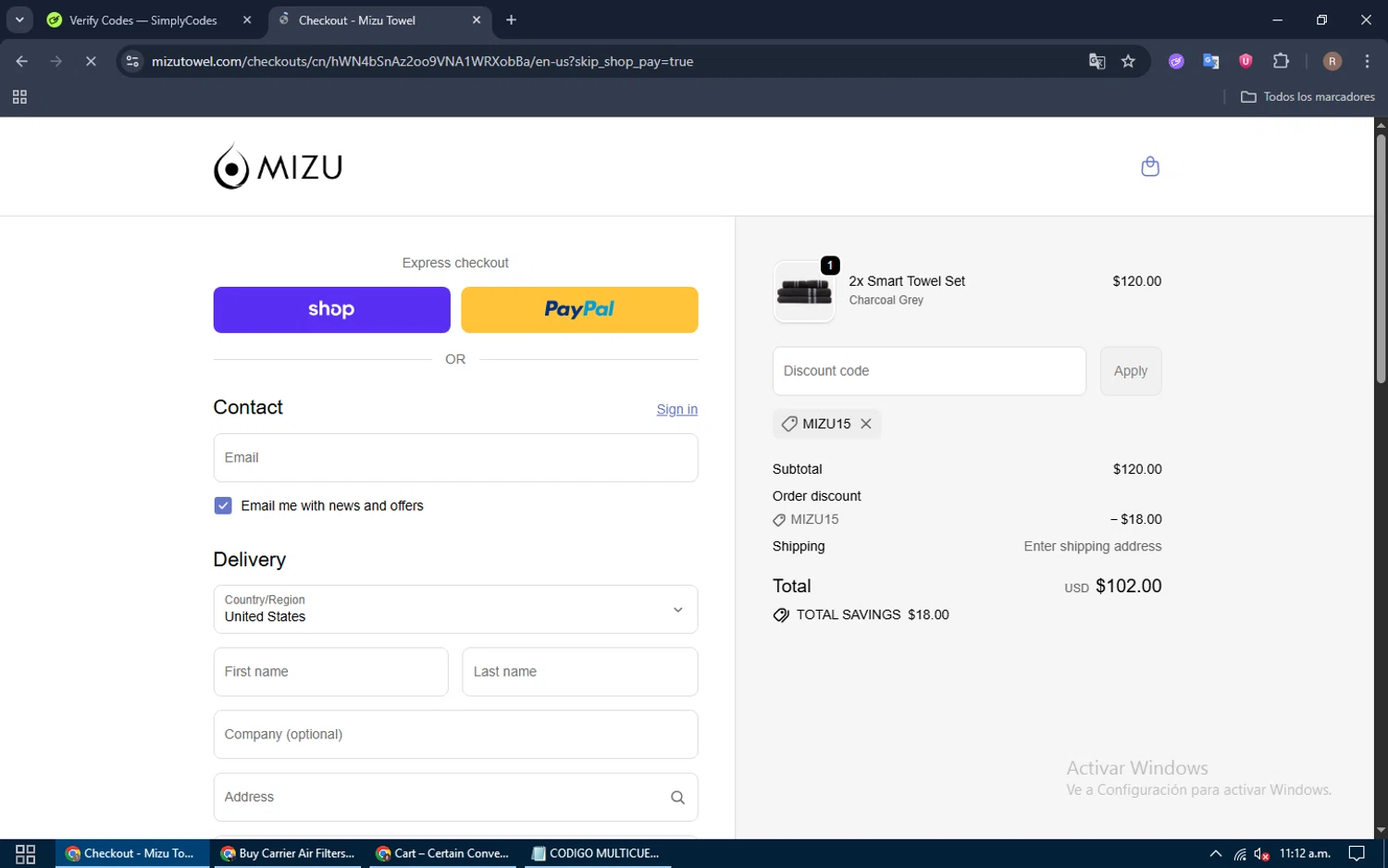 Mizu Towel discount code screenshot showing code MIZU15 applied at Mizu Towel checkout page. Uploaded by SimplyCodes community member my_melody on Oct 27, 2025