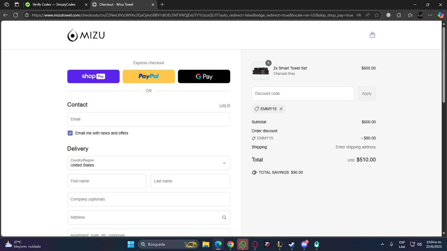 Mizu Towel discount code screenshot showing code EMMY15 applied at Mizu Towel checkout page. Uploaded by SimplyCodes community member MoneyGenius452 on Jun 22, 2025