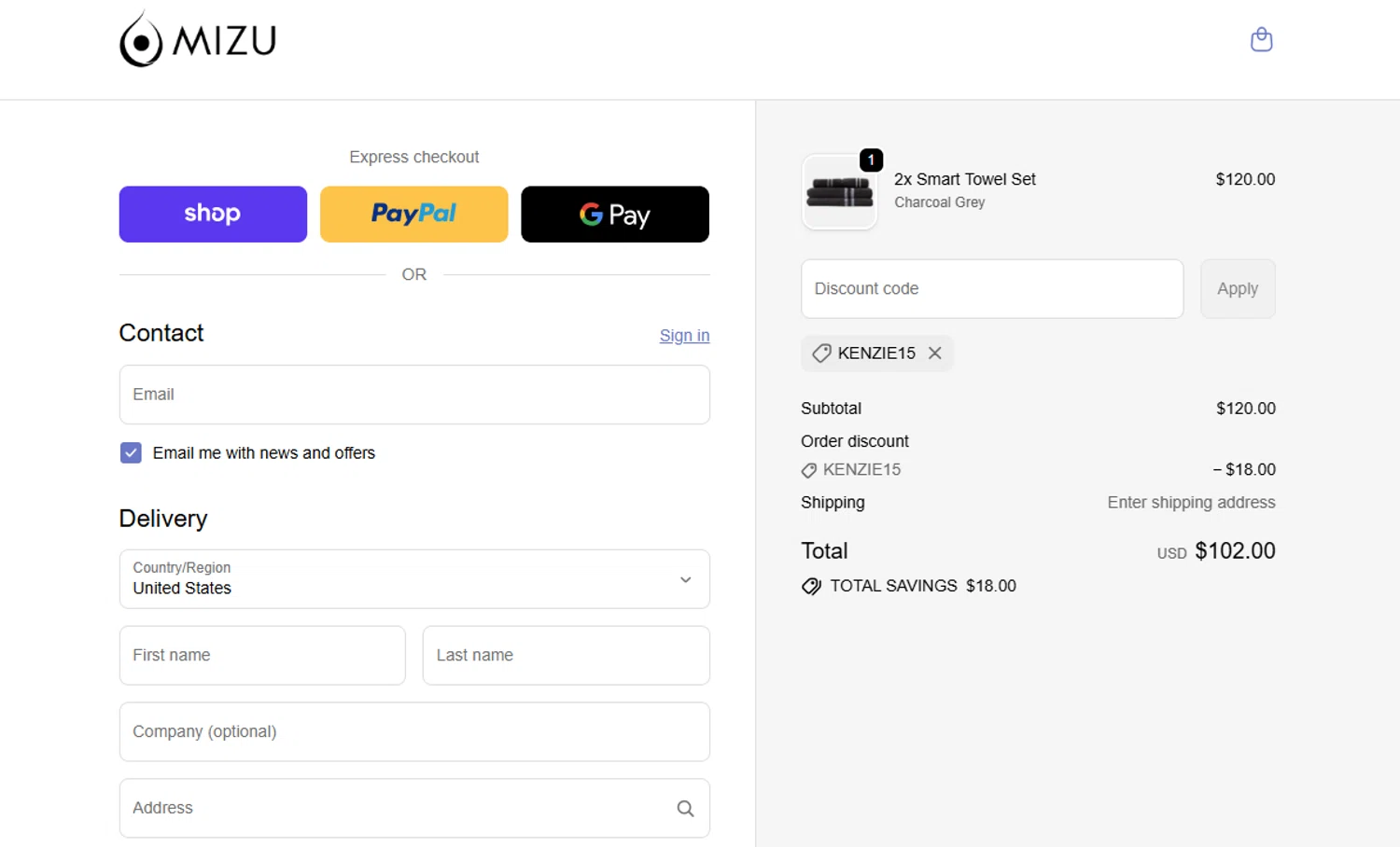 Mizu Towel discount code screenshot showing code KENZIE15 applied at Mizu Towel checkout page. Uploaded by SimplyCodes community member VoucherVirtuoso2520 on Oct 15, 2025