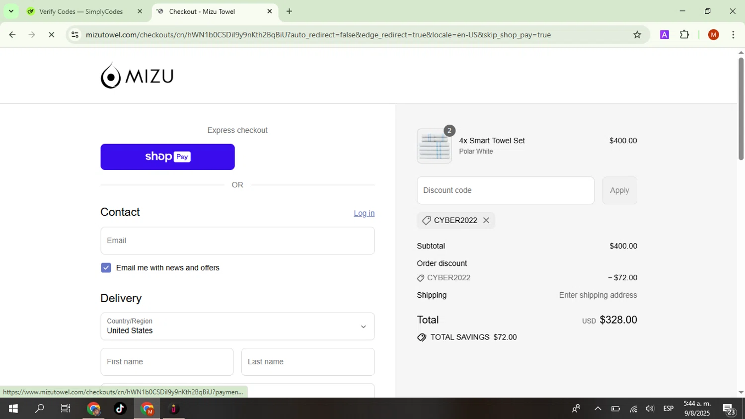 Mizu Towel discount code screenshot showing code CYBER2022 applied at Mizu Towel checkout page. Uploaded by SimplyCodes community member NobleSentinel6058 on Aug 9, 2025