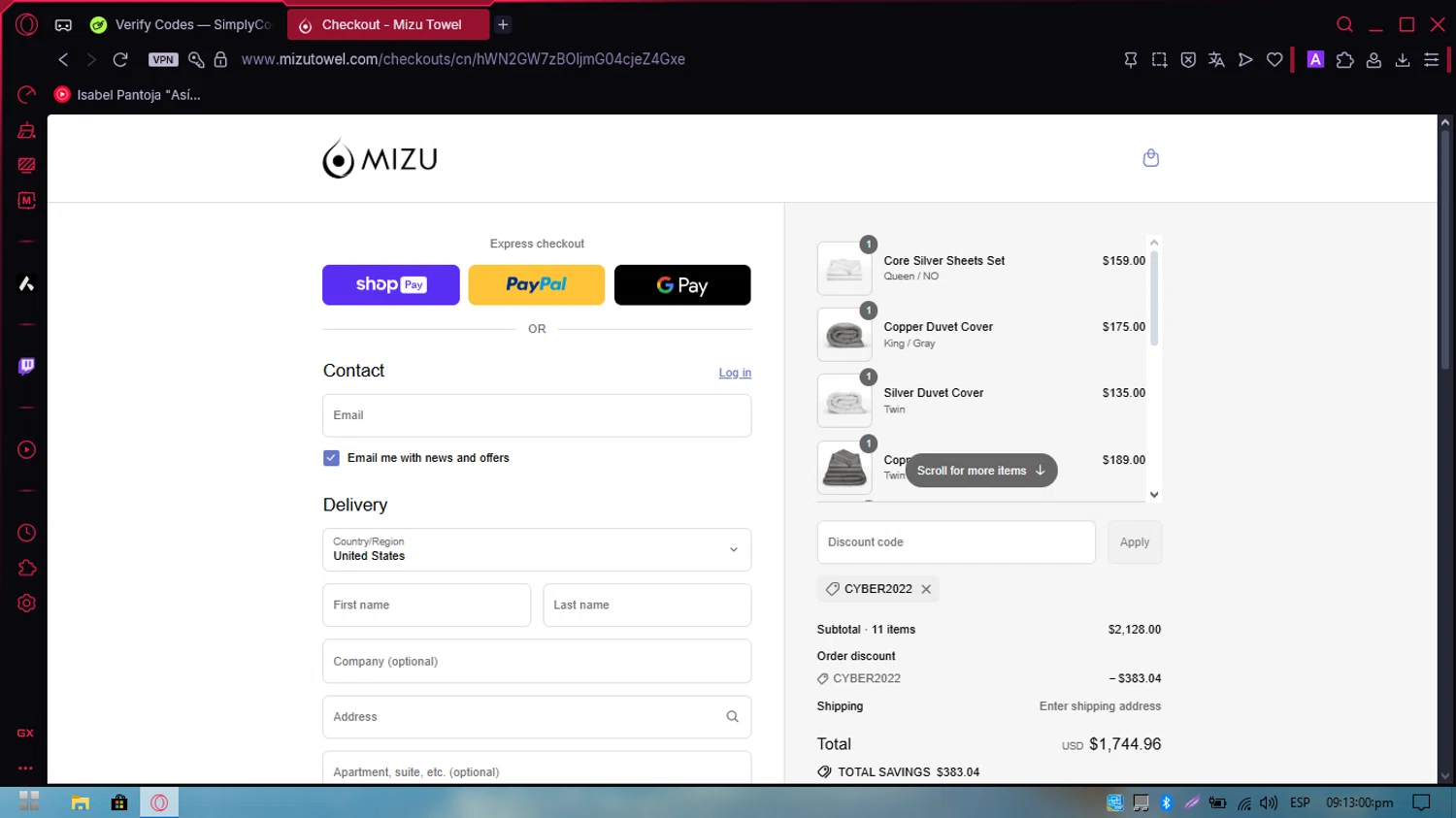 Mizu Towel discount code screenshot showing code CYBER2022 applied at Mizu Towel checkout page. Uploaded by SimplyCodes community member PennySpotter2417 on Aug 27, 2025