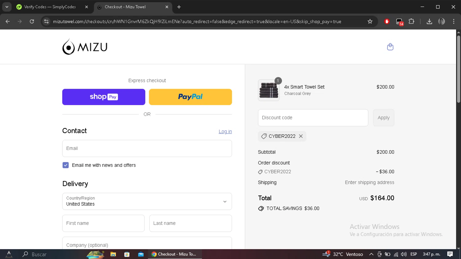 Mizu Towel discount code screenshot showing code CYBER2022 applied at Mizu Towel checkout page. Uploaded by SimplyCodes community member morel09 on Jul 31, 2025