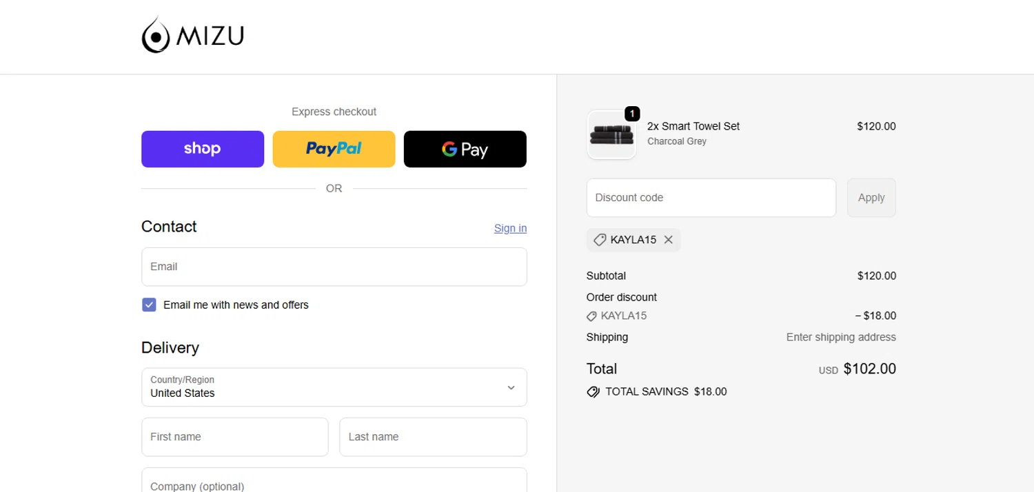 Mizu Towel discount code screenshot showing code KAYLA15 applied at Mizu Towel checkout page. Uploaded by SimplyCodes community member CashAce9852 on Oct 27, 2025