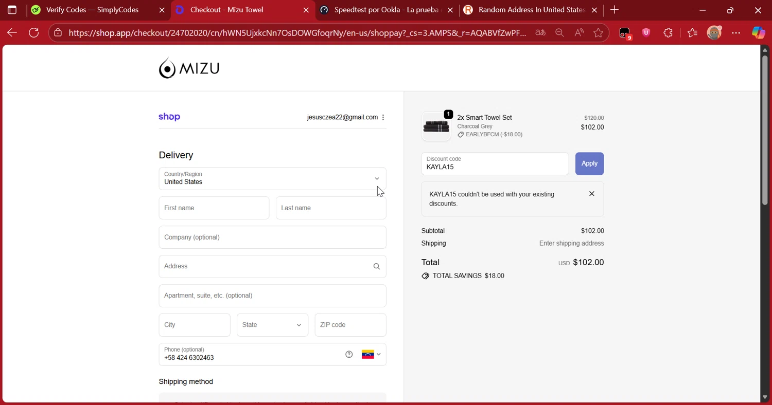Mizu Towel discount code screenshot showing code KAYLA15 applied at Mizu Towel checkout page. Uploaded by SimplyCodes community member DiscountScout1417 on Nov 20, 2025