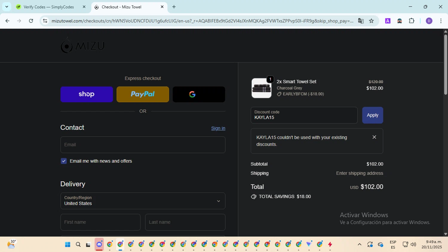 Mizu Towel discount code screenshot showing code KAYLA15 applied at Mizu Towel checkout page. Uploaded by SimplyCodes community member EpicSpotter8045 on Nov 20, 2025