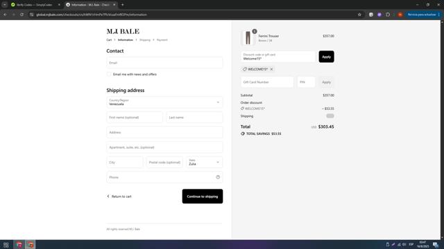M.J. Bale checkout page showing M.J. Bale discount code box | Screenshot taken by SimplyCodes community member on Aug 16, 2025