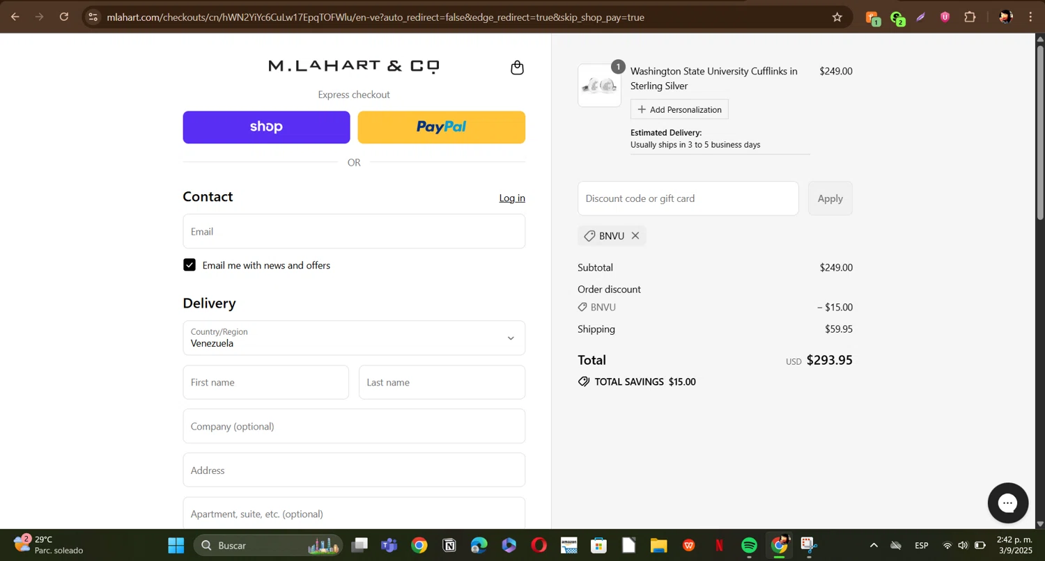 M.LaHart promo code screenshot showing code BNVU applied at M.LaHart checkout page. Uploaded by SimplyCodes community member ERI0810 on Sep 3, 2025